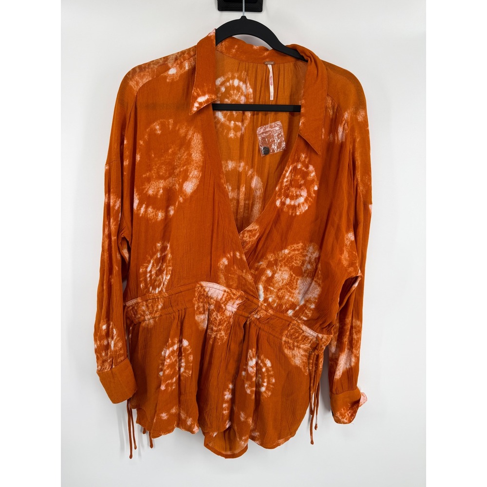 Free People Orange Tie Dye Wrap Peplum Blouse Shirt Top
